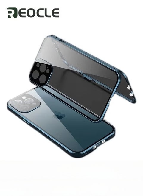 Case for iPhone  13 Double Side Buckle Glass Case with Camera Lens Protector Full Body Protective Metal Bumper Anti Peep Cover