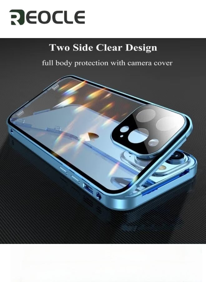 REOCLE Case for iPhone  13 Double Side Buckle Glass Case with Camera Lens Protector Full Body Protective Metal Bumper Anti Peep Cover - Image 2