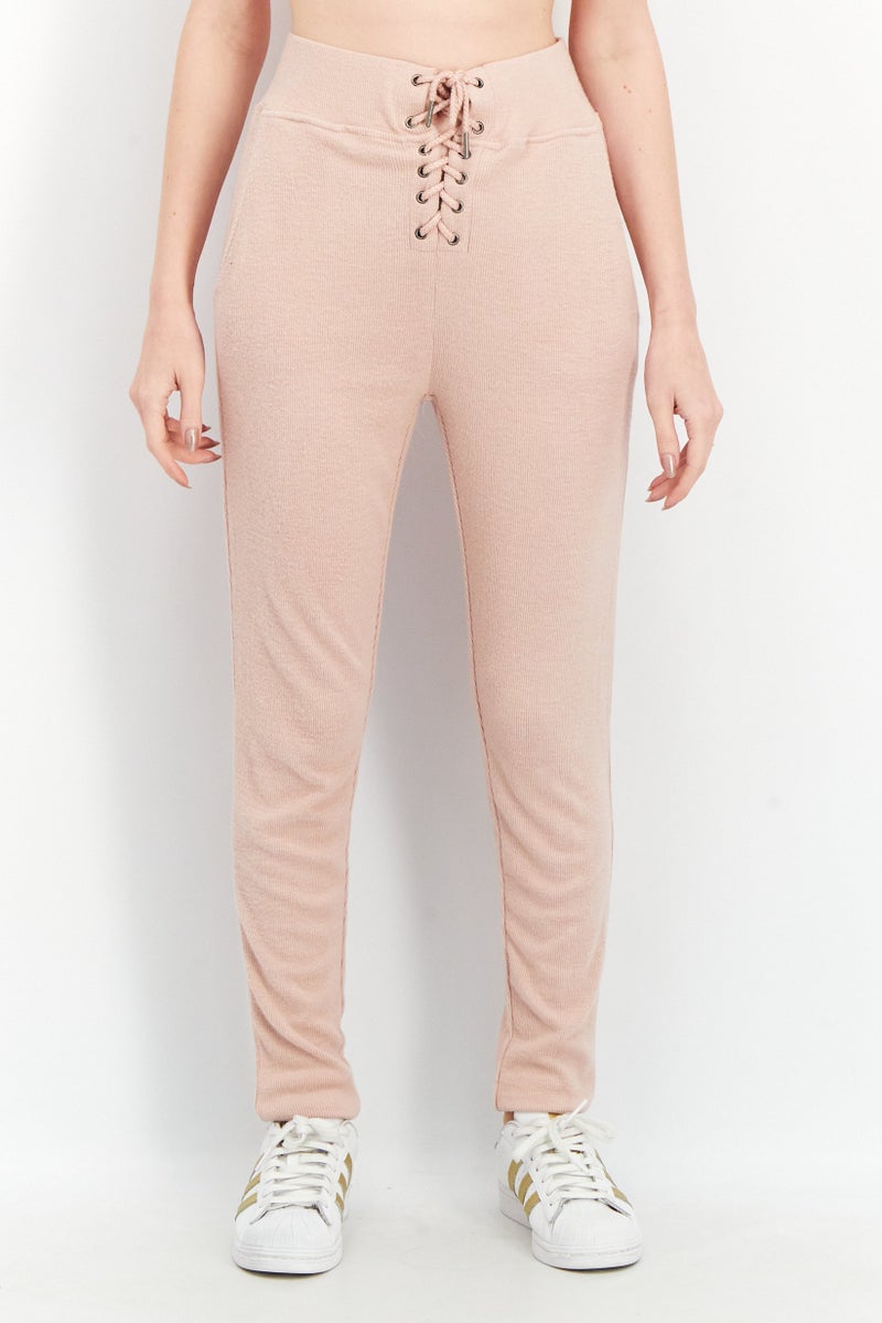 Vintage Havana Women Textured Drawstring Jogger Pants, Blush - Image 1