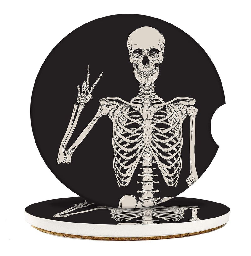 Britimes Absorbent Car Coasters 2 Pack for Cup Holders  2.56"" Ceramic Stone & Non-Scratch Cork Base Drink Coasters Human Skeleton1 - Image 2