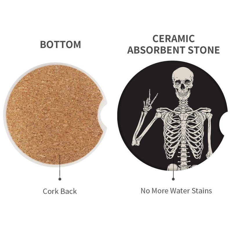 Britimes Absorbent Car Coasters 2 Pack for Cup Holders  2.56"" Ceramic Stone & Non-Scratch Cork Base Drink Coasters Human Skeleton1 - Image 3