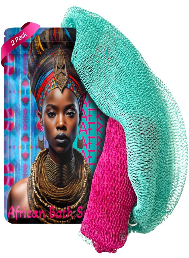 AFRIKI African Net Sponge, Premium Authentic Exfoliating Body Scrubber, Extra Long Stretch Bath Sponge for Shower, Deep Exfoliating Washcloth for Smooth Skin, 2 Pack (Camelia & Turpuoise) - Image 1
