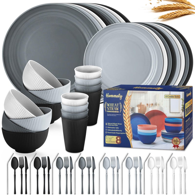 HOMMALY Wheat Straw Dinnerware Sets,64-Piece Plates and Bowls Sets for 8-Unbreakable,Reusable Plastic Dish Set-Dinner Plate/Dessert Plate/Cereal Bowl/Cup/Utensils-Microwave Dishwasher Safe 64P-Profound Gray - Image 1