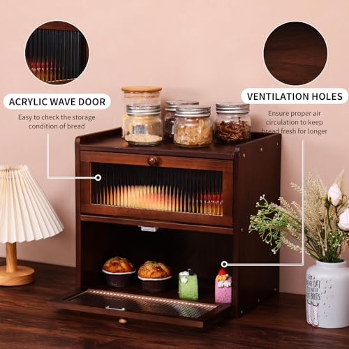 FDHUIJIA Double 2 Layer Large Bread Box for Kitchen Counter, Wooden Bread Storage Container Organizer Holder with Acrylic Window (brown) - Image 3