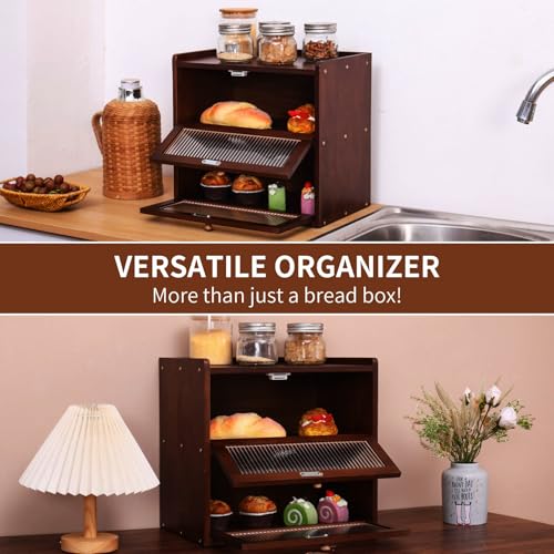 FDHUIJIA Double 2 Layer Large Bread Box for Kitchen Counter, Wooden Bread Storage Container Organizer Holder with Acrylic Window (brown) - Image 5