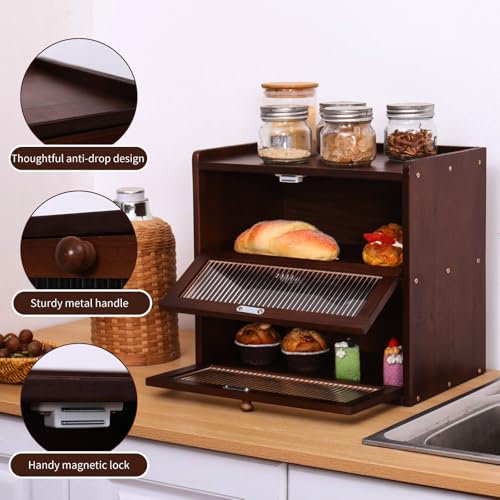 FDHUIJIA Double 2 Layer Large Bread Box for Kitchen Counter, Wooden Bread Storage Container Organizer Holder with Acrylic Window (brown) - Image 4