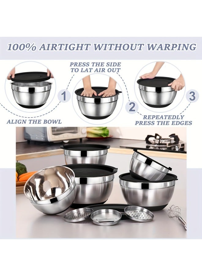 Stainless Steel Salad Basin Khachi Black Silicone Bottom Anti-slip Belt Cover Belt Planing Wire Egg Beater Suit Baking Mixing Basin-Specifications:14-16-18-20-22-24-26 (black Cover)-Color:Default Items  - Image 3