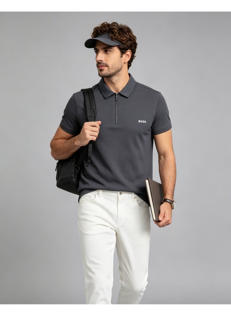 BOSS Men Half Zip Collar Short Sleeve Polo Shirt Business Casual Daily Top Dark Charcoal Grey - Image 2