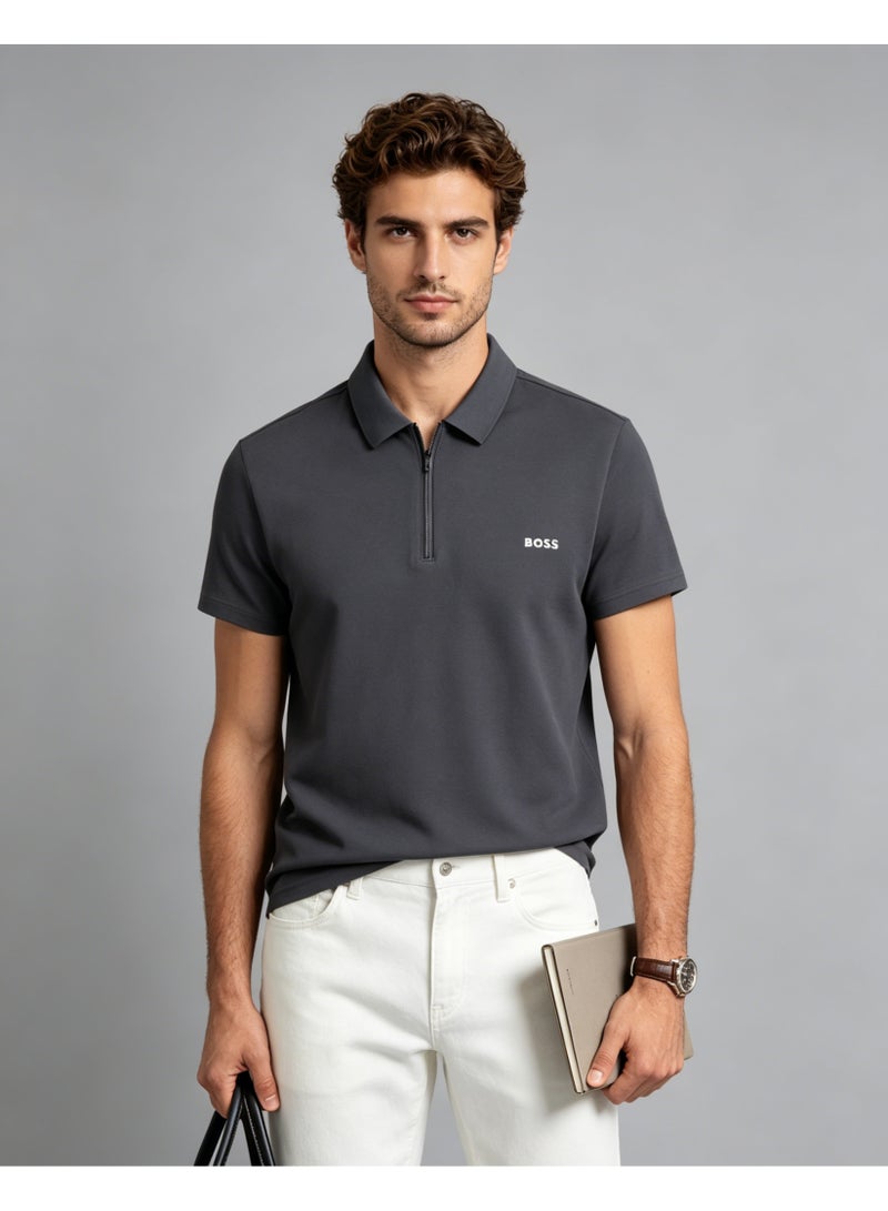 BOSS Men Half Zip Collar Short Sleeve Polo Shirt Business Casual Daily Top Dark Charcoal Grey - Image 5