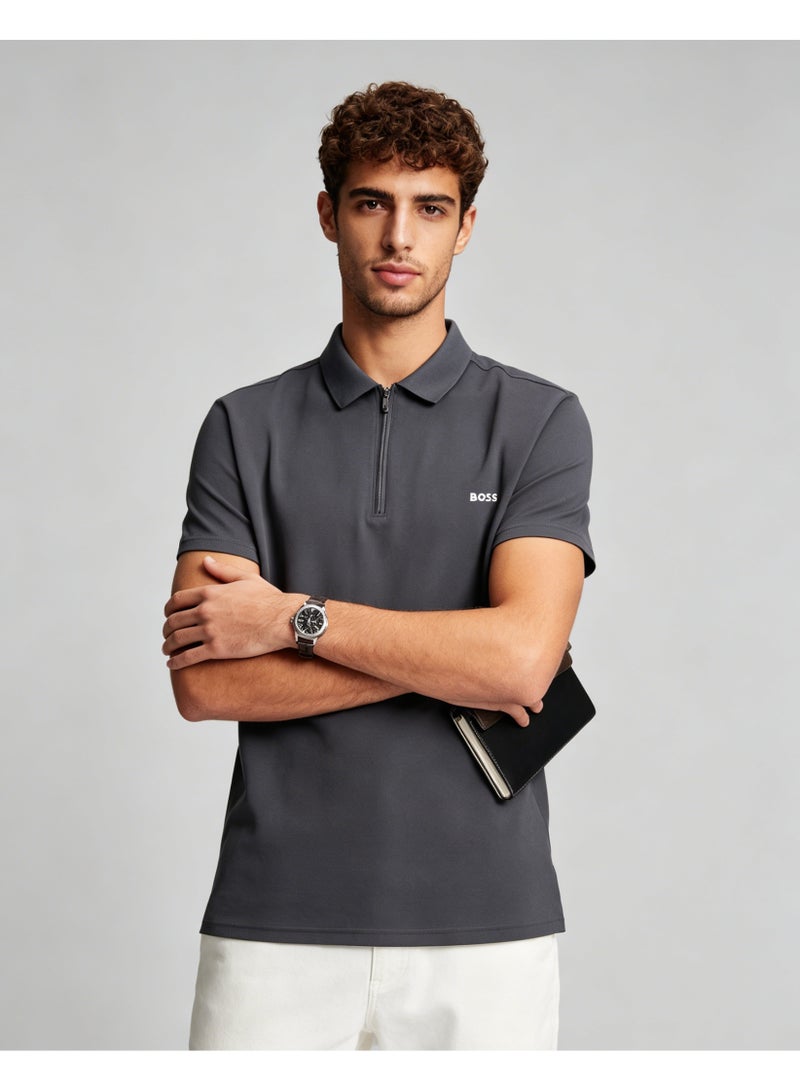 BOSS Men Half Zip Collar Short Sleeve Polo Shirt Business Casual Daily Top Dark Charcoal Grey - Image 4