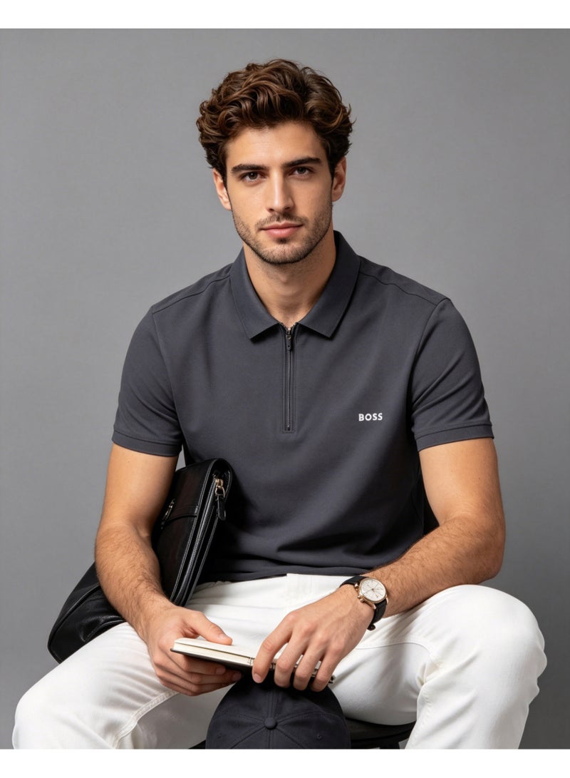 BOSS Men Half Zip Collar Short Sleeve Polo Shirt Business Casual Daily Top Dark Charcoal Grey - Image 1