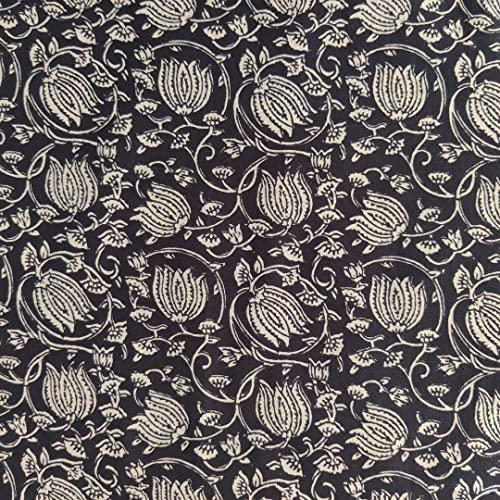 AVKA Studio Hand Block Print Fabric by The Yard - PRECUT 1 Yard 42 Inch Width - 100% Cotton Material - Black and Cream Floral Pattern - Light Weight Indian Cloth for Making Summer Dress Tops Project - Image 1
