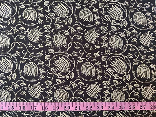 AVKA Studio Hand Block Print Fabric by The Yard - PRECUT 1 Yard 42 Inch Width - 100% Cotton Material - Black and Cream Floral Pattern - Light Weight Indian Cloth for Making Summer Dress Tops Project - Image 5