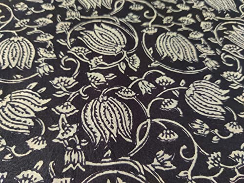 AVKA Studio Hand Block Print Fabric by The Yard - PRECUT 1 Yard 42 Inch Width - 100% Cotton Material - Black and Cream Floral Pattern - Light Weight Indian Cloth for Making Summer Dress Tops Project - Image 4