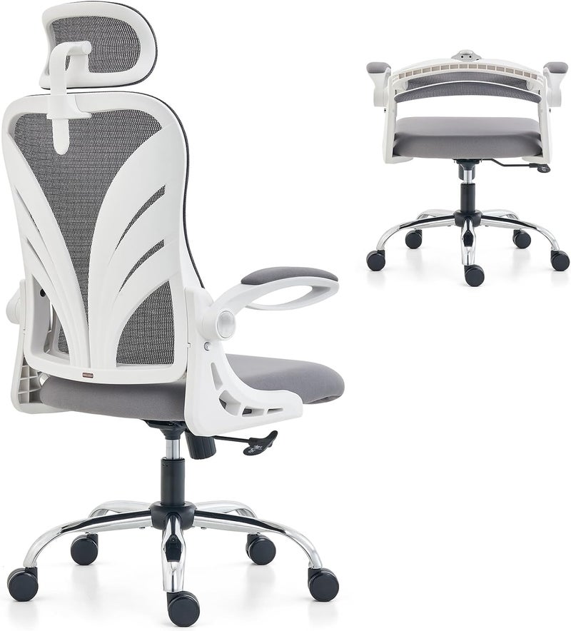 HOLLUDLE Ergonomic Office Chair with Foldable Backrest, Computer Desk Chair with Flip-up Armrests, Mesh Lumbar Support and 2D Headrest Big and Tall Office Chair, White (Folder2-GR) - Image 1