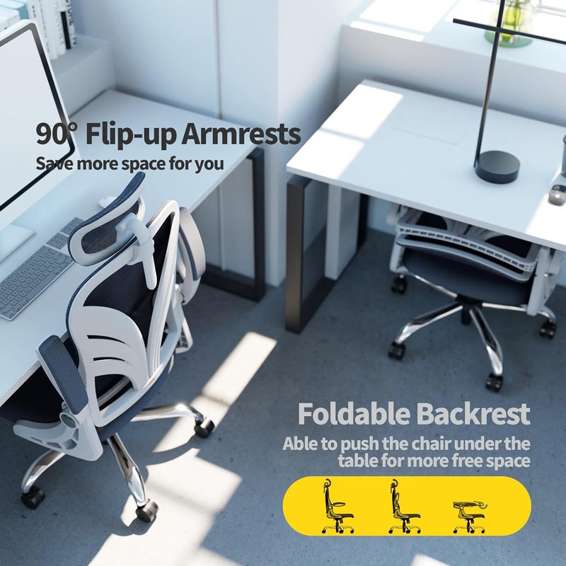 HOLLUDLE Ergonomic Office Chair with Foldable Backrest, Computer Desk Chair with Flip-up Armrests, Mesh Lumbar Support and 2D Headrest Big and Tall Office Chair, White (Folder2-GR) - Image 3