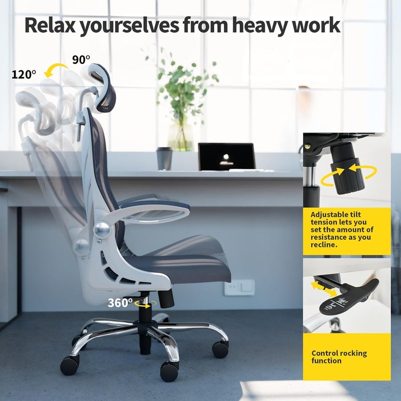 HOLLUDLE Ergonomic Office Chair with Foldable Backrest, Computer Desk Chair with Flip-up Armrests, Mesh Lumbar Support and 2D Headrest Big and Tall Office Chair, White (Folder2-GR) - Image 4