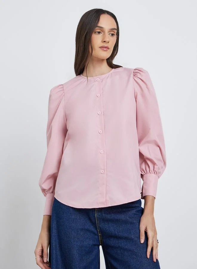 Styli Styli Solid Balloon Sleeve Buttoned Blouse