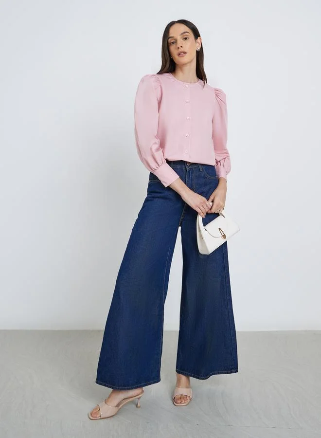 Styli Styli Solid Balloon Sleeve Buttoned Blouse