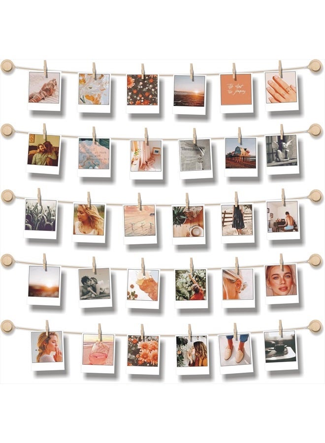 BIZYAC Hanging Photo Display Room Wall Decor - Sculptural Picture Frames Collage - 5 Strings with 30 Clips - 3M Self Adhesive Hooks - No Holes Drilling - 30 x 30 inch  - Image 1