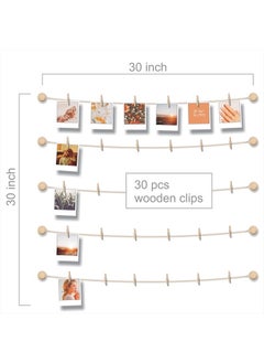 BIZYAC Hanging Photo Display Room Wall Decor - Sculptural Picture Frames Collage - 5 Strings with 30 Clips - 3M Self Adhesive Hooks - No Holes Drilling - 30 x 30 inch  - Image 4