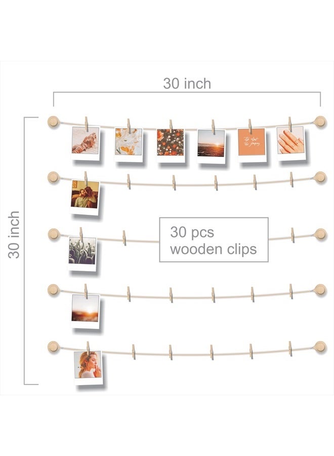 BIZYAC Hanging Photo Display Room Wall Decor - Sculptural Picture Frames Collage - 5 Strings with 30 Clips - 3M Self Adhesive Hooks - No Holes Drilling - 30 x 30 inch  - Image 4