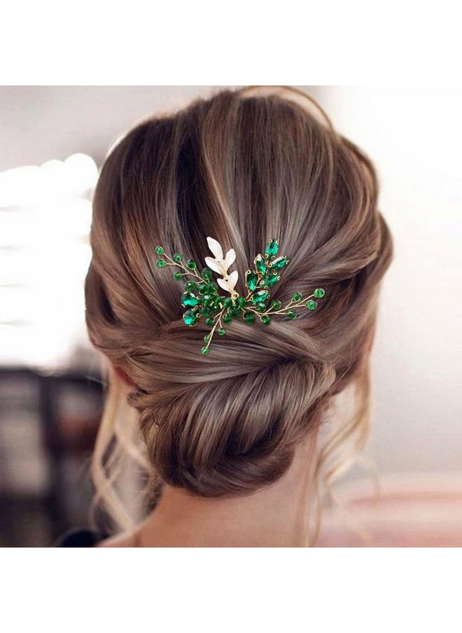 BETITETO Crystal Bridal Hair Comb Wedding Gold Vine Leaf Rhinestone Hair Piece Accessories for Women Girls (Green)  - Image 2