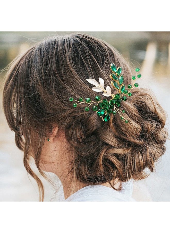 BETITETO Crystal Bridal Hair Comb Wedding Gold Vine Leaf Rhinestone Hair Piece Accessories for Women Girls (Green)  - Image 3