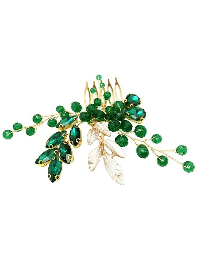 BETITETO Crystal Bridal Hair Comb Wedding Gold Vine Leaf Rhinestone Hair Piece Accessories for Women Girls (Green)  - Image 5