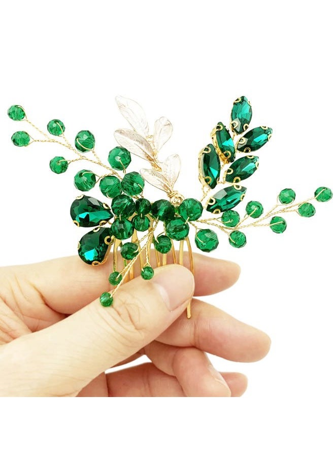BETITETO Crystal Bridal Hair Comb Wedding Gold Vine Leaf Rhinestone Hair Piece Accessories for Women Girls (Green)  - Image 4