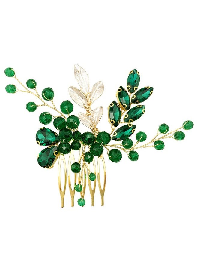 BETITETO Crystal Bridal Hair Comb Wedding Gold Vine Leaf Rhinestone Hair Piece Accessories for Women Girls (Green)  - Image 1