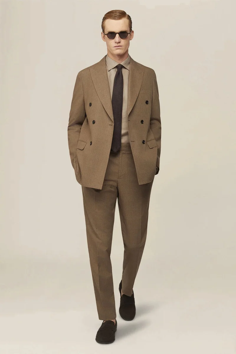 Men's Prince of Wales trousers with double pleats and side buckles - Beige