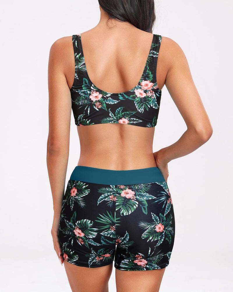 Holipick Teal and Floral Long Sleeve Swimsuits for Women - 3 Piece Rash Guard with Shorts Zipper SPF Swim Shirt with Built in Bra L - Image 4
