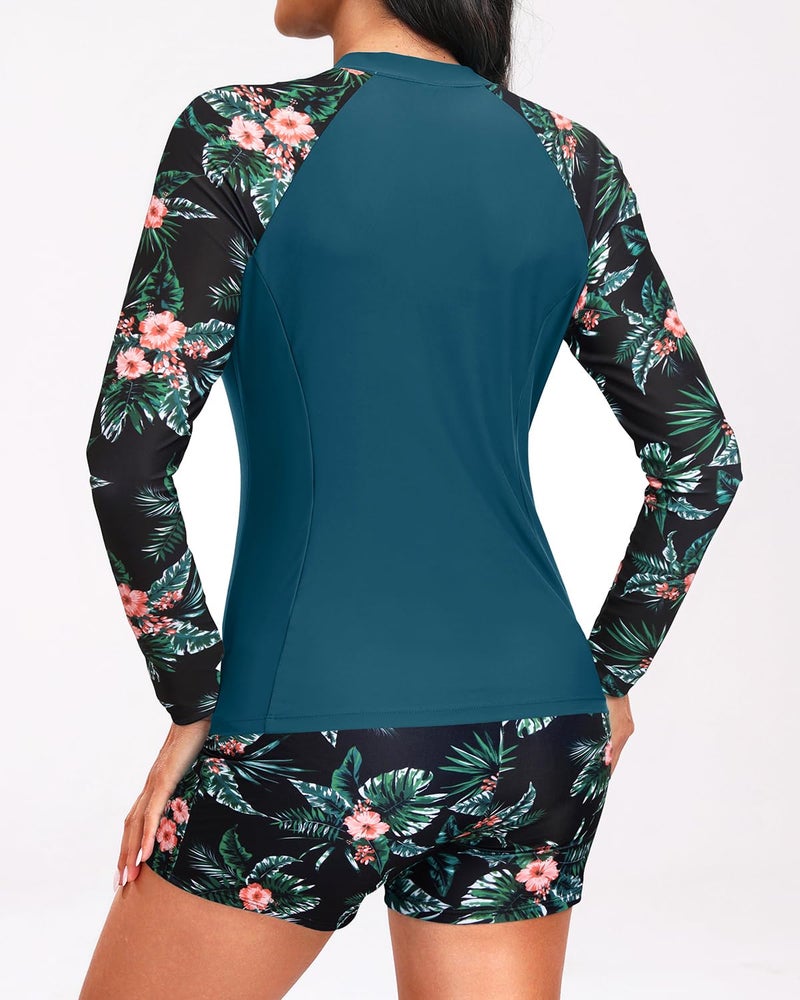 Holipick Teal and Floral Long Sleeve Swimsuits for Women - 3 Piece Rash Guard with Shorts Zipper SPF Swim Shirt with Built in Bra L - Image 3