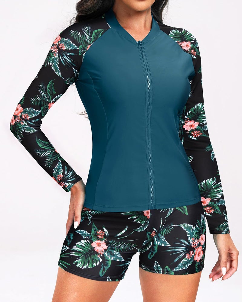 Holipick Teal and Floral Long Sleeve Swimsuits for Women - 3 Piece Rash Guard with Shorts Zipper SPF Swim Shirt with Built in Bra L - Image 2