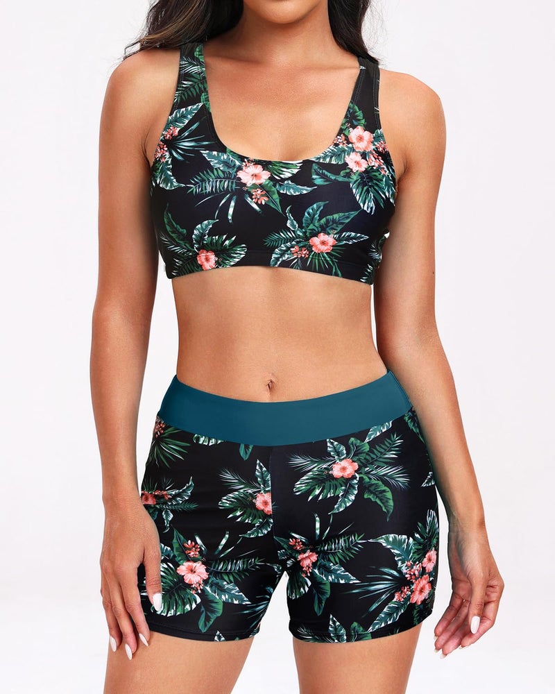 Holipick Teal and Floral Long Sleeve Swimsuits for Women - 3 Piece Rash Guard with Shorts Zipper SPF Swim Shirt with Built in Bra L - Image 5