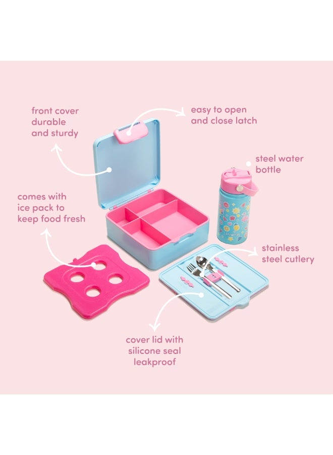 Eazy Kids Jumbo Bento Lunch Box w/ 360ml Steel Water Bottle, Spoon & Fork Set, and Insulated Lunch Bag - Flamingo Pink