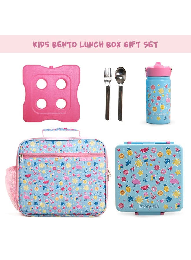 Eazy Kids Jumbo Bento Lunch Box w/ 360ml Steel Water Bottle, Spoon & Fork Set, and Insulated Lunch Bag - Flamingo Pink