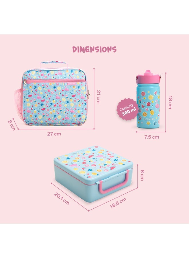 Eazy Kids Jumbo Bento Lunch Box w/ 360ml Steel Water Bottle, Spoon & Fork Set, and Insulated Lunch Bag - Flamingo Pink