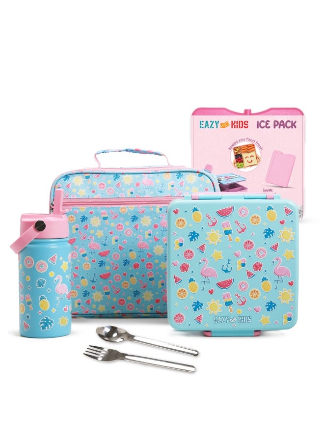 Eazy Kids Eazy Kids Jumbo Bento Lunch Box w/ 360ml Steel Water Bottle, Spoon & Fork Set, and Insulated Lunch Bag - Flamingo Pink  - Image 1