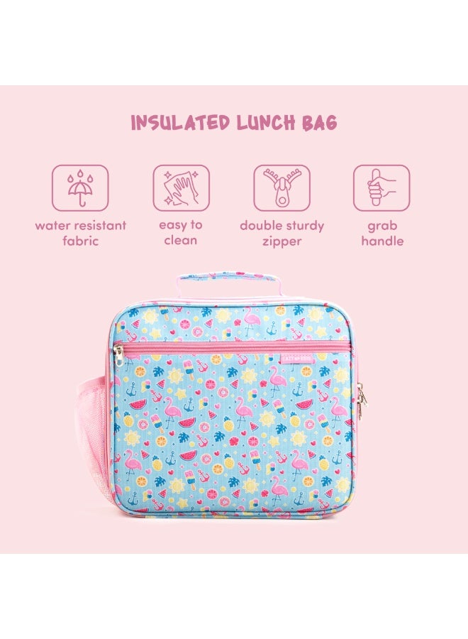 Eazy Kids Jumbo Bento Lunch Box w/ 360ml Steel Water Bottle, Spoon & Fork Set, and Insulated Lunch Bag - Flamingo Pink