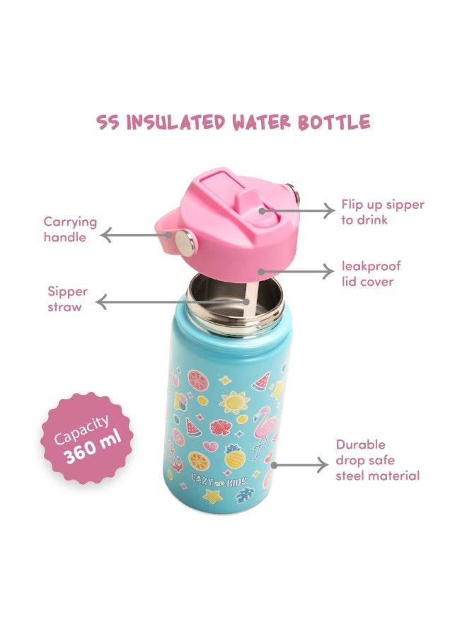 Eazy Kids Jumbo Bento Lunch Box w/ 360ml Steel Water Bottle, Spoon & Fork Set, and Insulated Lunch Bag - Flamingo Pink