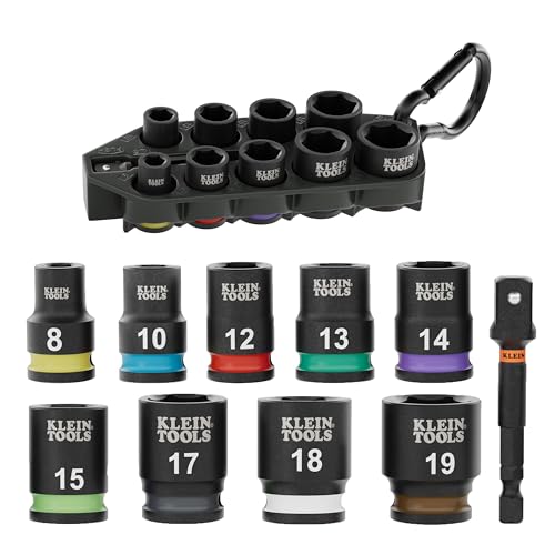 Klein Tools 33809M GrabAndGo Impact Socket Set Metric 10Piece Set with Sleeve Carabiner 38Inch Drive ColorCoded 8 mm 10 mm 12 mm 13 mm 14 mm 15 mm 17 mm 18 mm 19 mm Sockets - Image 1