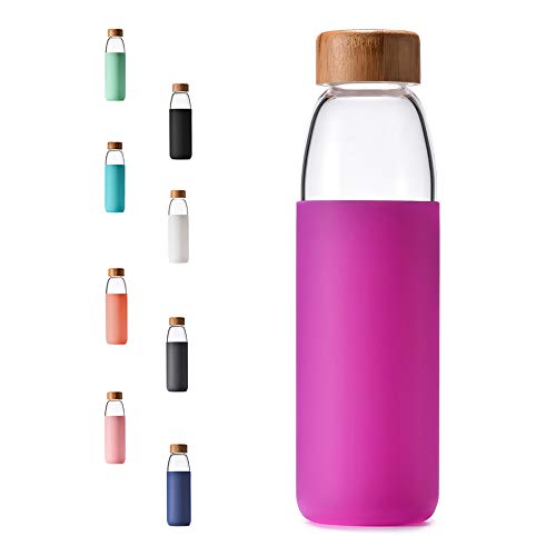 veegoal 18 Oz Borosilicate Glass Water Bottles with Bamboo Lid, BPA-FREE, Non-Slip Silicone Sleeve, and Stainless Steel Leak Proof Lid - Reusable Glass Bottle for Men and Women - Image 1