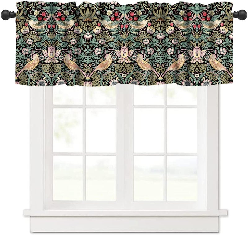 YCness William Morris Kitchen Valance,Retro Flower Strawberry Thief Floral Printed Small Window Treatments for Kitchen Living Room Bathroom Cafe Decor Rod Pocket Vintage Valances 54x18 Inch, 1 Panel - Image 1