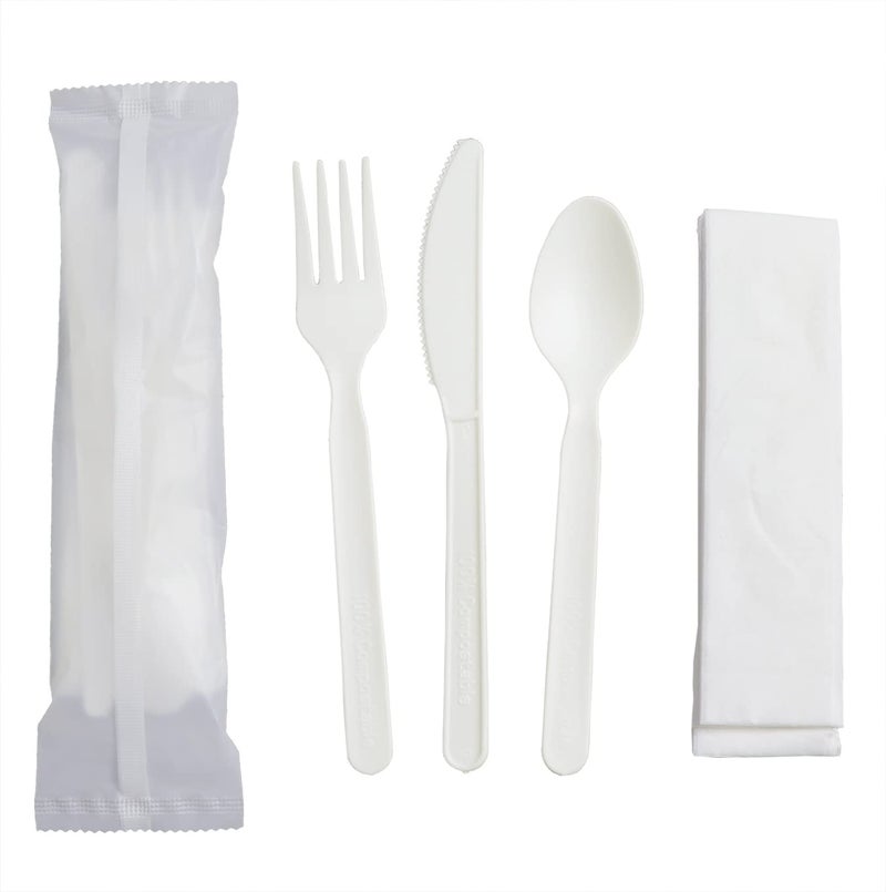 GreenWorks 7"" Heavy-duty Compostable Cutlery Kits  BPI Certified  200 Sets (Fork  Spoon Knife Napkin 4 in 1) Individually Wrapped With Compostable Bags Alternative to Plastic Disposable Utensils - Image 1