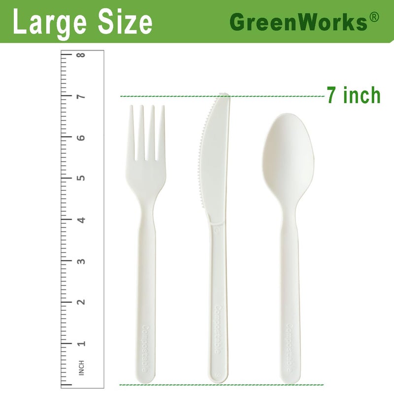 GreenWorks 7"" Heavy-duty Compostable Cutlery Kits  BPI Certified  200 Sets (Fork  Spoon Knife Napkin 4 in 1) Individually Wrapped With Compostable Bags Alternative to Plastic Disposable Utensils - Image 5