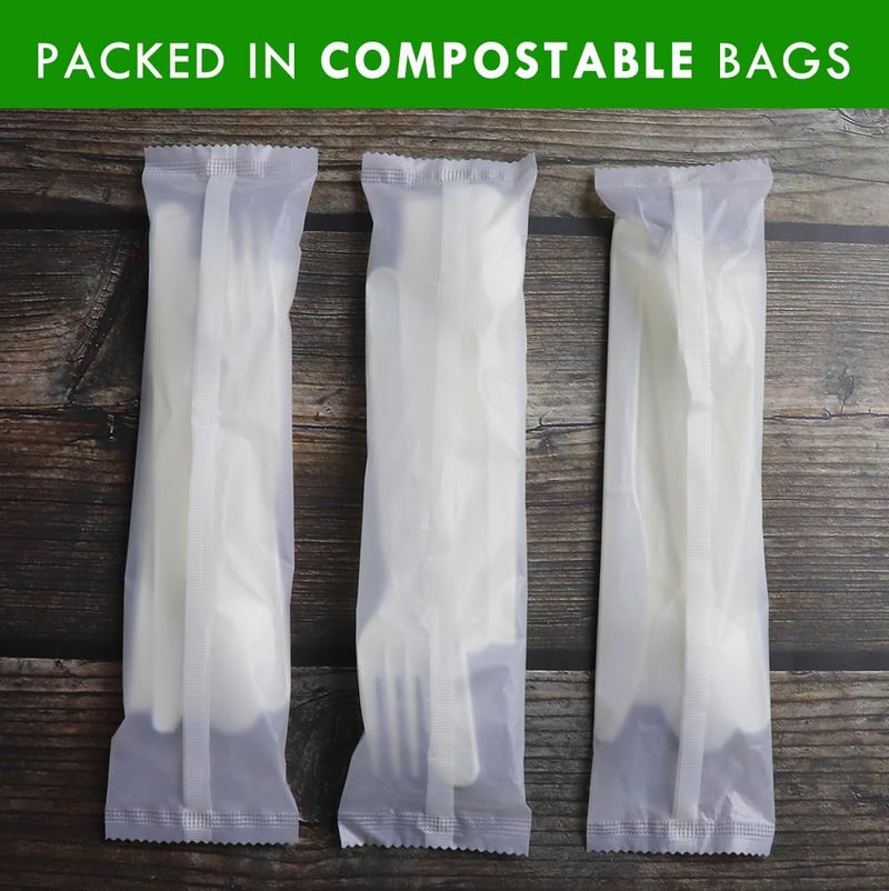 GreenWorks 7"" Heavy-duty Compostable Cutlery Kits  BPI Certified  200 Sets (Fork  Spoon Knife Napkin 4 in 1) Individually Wrapped With Compostable Bags Alternative to Plastic Disposable Utensils - Image 2