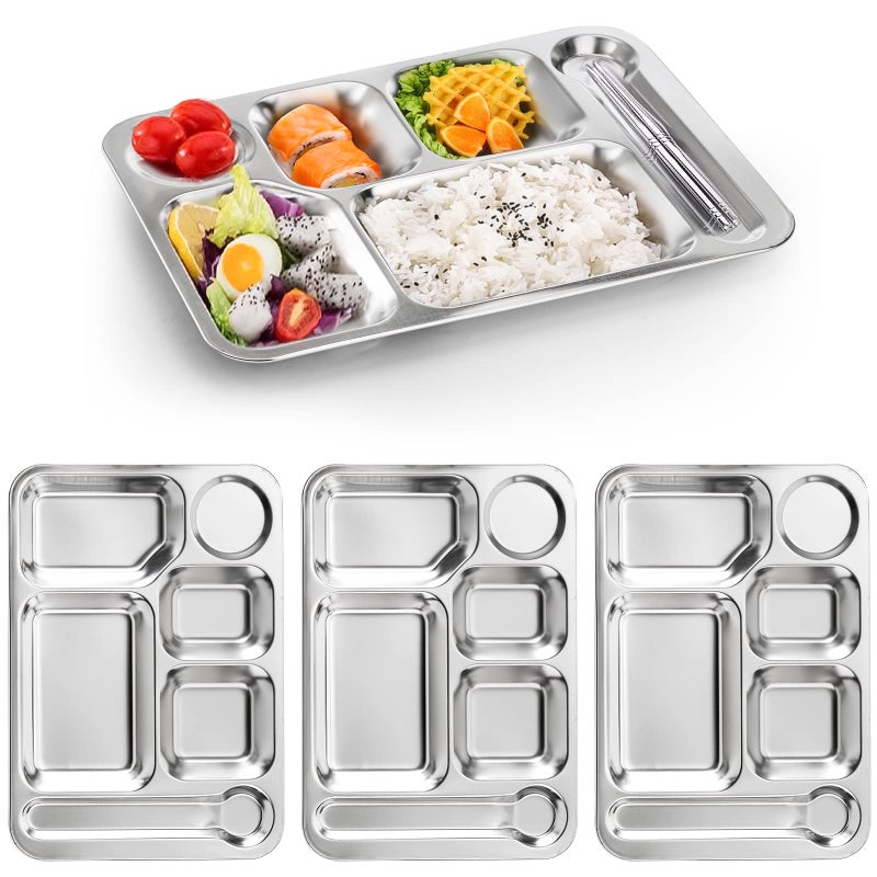 Fasmov Fasmov 4 Pack Stainless Steel Rectangular Divided Dinner Tray 6 Sections Stainless steel Metal Plate for Adults Picky Eaters Campers and Portion Control 