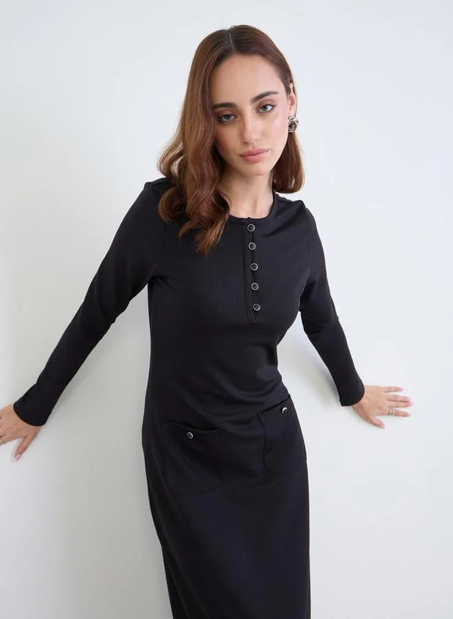Styli Styli Black Ribbed Long Sleeve Midi Dress